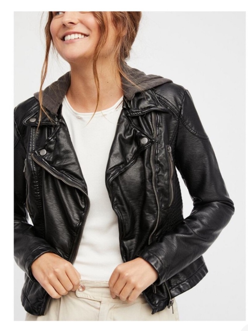 Free People Cleo Vegan Faux Black Leather Jacket with Gray Hood, Size 2